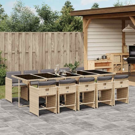 vidaXL - 11-delige - Tuinset - met - kussens - poly - rattan - gemengd - beige
