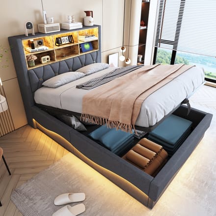 REDOM opbergbed 140x200 cm – Stof, hydraulisch, LED, USB – Grijs