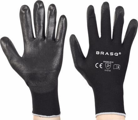 Polyester handschoenen maat 10 zwarte PU coating 1 paar/ per seal