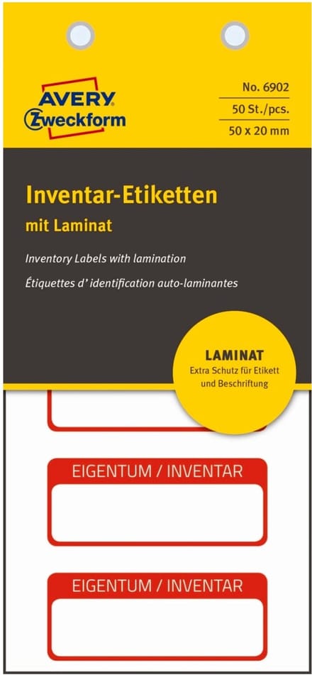 50x inventarisetiketten 50x20mm laminaat wit/rood