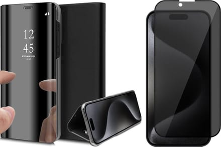 Hoesje geschikt voor iPhone 15 Pro - Privacy Screen Protector FullGuard - Book Case Spiegel Zwart & Screenprotector