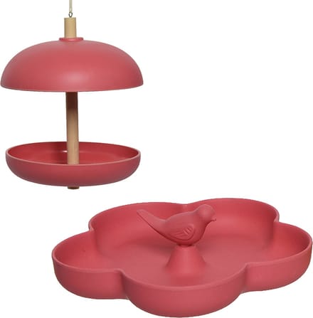 Vogel voedersilo met vogelbad - bamboe hout - roze