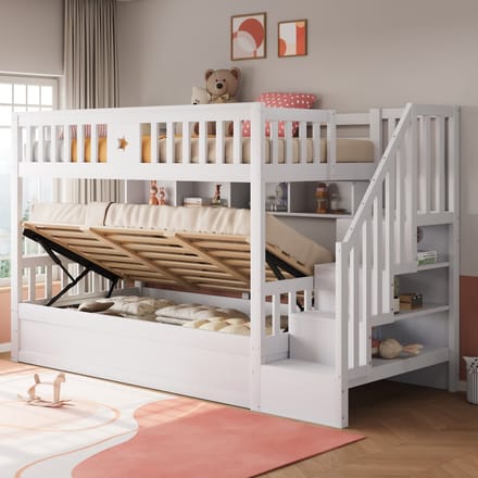 MODFU – Hoogslaper met Hydraulisch Onderbed – 90x200 cm – Opbergtrap & Planken – Modern – Hout – Wit