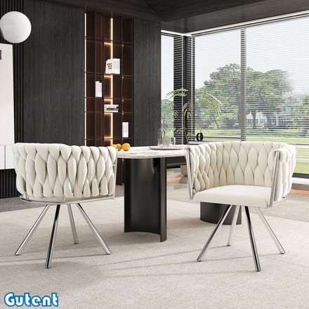 Gutent Fluwelen Eetkamerstoelen-Set van 2-Draaibaar-Beige+Zilver