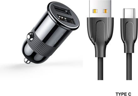 Joyroom 3.1A autolader Snellader - 2 USB-A poorten inclusief USB-C kabel - Zwart