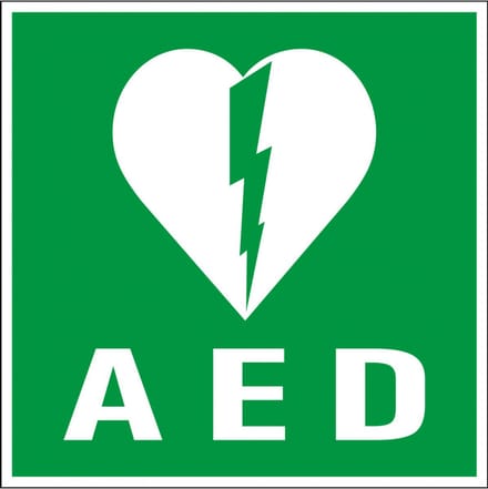 Sticker met tekst AED 150 x 150 mm