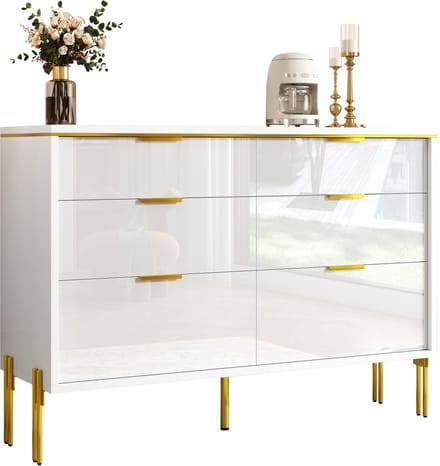 Moderne Sideboard-Met 6 Lades-In Wit en Goud-Hoge Glans Fronten-Voor Woonkamer, Eetkamer & Hal-Wit en Goud