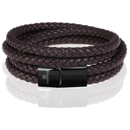 Memphis dubbele wrap armband Leer Bruin Zwart-22cm