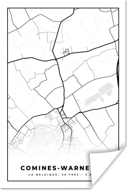 Poster Stadskaart – Zwart Wit - Kaart – Comines Warneton – België – Plattegrond - 40x60 cm