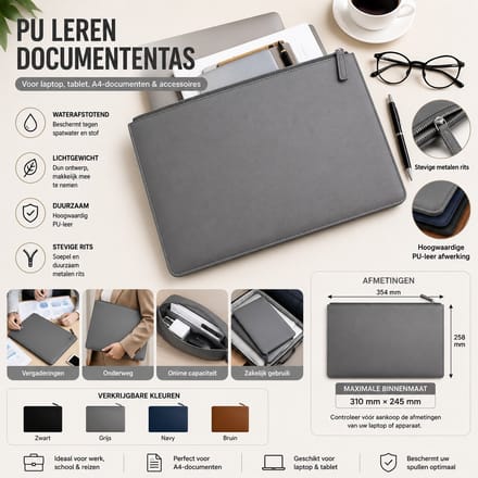 Tas PU Lederen Documententas met Rits – Laptophoes – Geschikt voor Laptop, Tablet, A4-documenten & Accessoires – Waterafstotend – Grijs