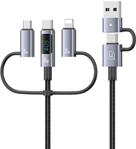 USAMS 6-in-1 Snell Laadkabel 60W 2m met Digitaal Display - Aluminium