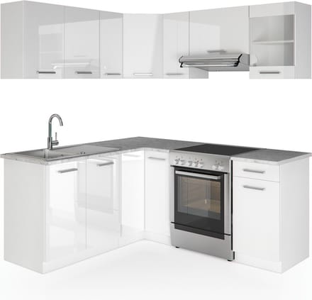 Vicco Hoekkeuken R-Line, Wit Hoogglans/Wit, 187 x 167 cm, WB Marmer