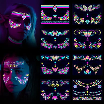 Luminous Neon Face Tattoos met UV-effect, Waterproof Stickers voor Festivals, Rave en Make-up Accessoires