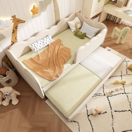 Slaapbank 90x190 cm - met uitschuifbaar bed - kinderbed met lattenbodem - beige - zonder matras