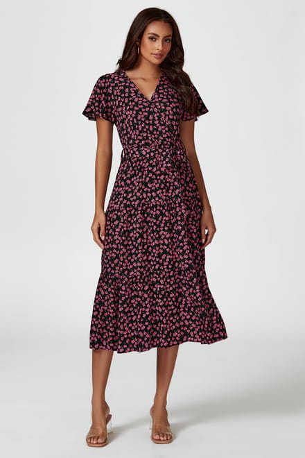 Roze midi-jurk met bloemenprint in zwart
