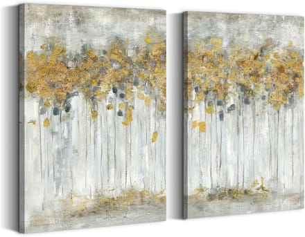 Abstract Canvas Schilderij Set van 2: Herfst Bos Landschap in Goud en Grijs - Moderne Verticaal Wanddecoratie