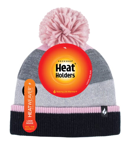 Heat Holders - Dames Thermische Winter Pom Pom Muts - Grijs / Roze