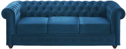 Vente-unique Driezitsbank en 2 fauteuils CHESTERFIELD - velours - groenblauw