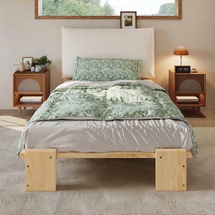 Gepolsterd Bed - 90x200 cm - Met Rugleuning - Stevige Lattenbodem - Grenenhout - Natuur