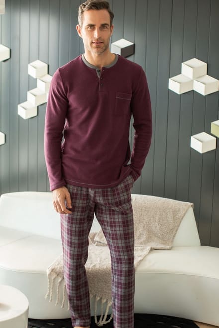 Barandi - Herenpyjama met geruite broek in flanel - wijnkleur