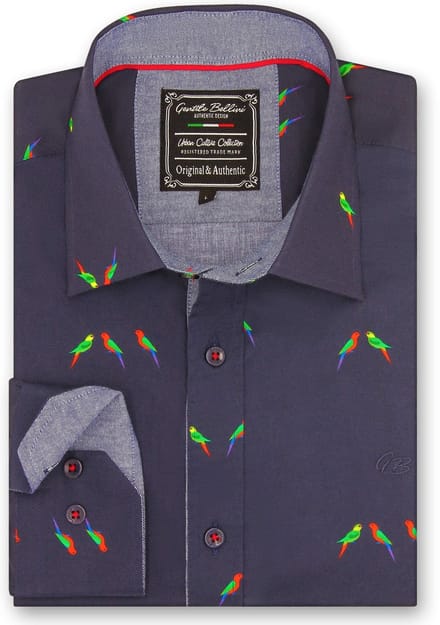 Heren Overhemd - Slim Fit - Parakeet Lovers - Blauw - Maat XXL
