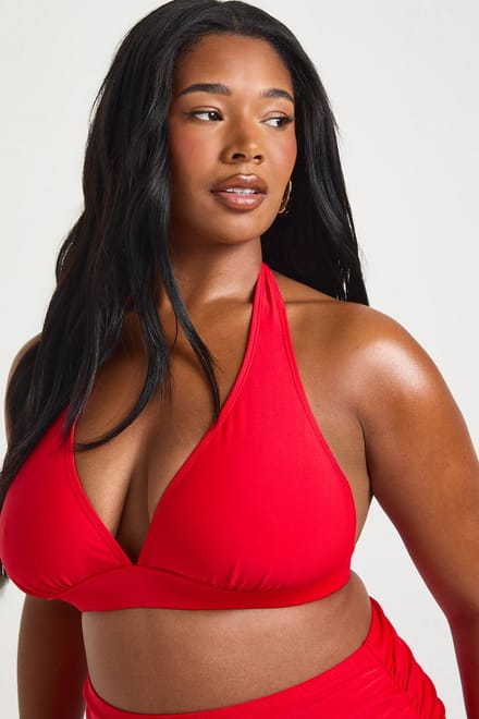 boohoo Dames Plus Essentials Diepe Halter Bikini Top | Rood | Maat: 44