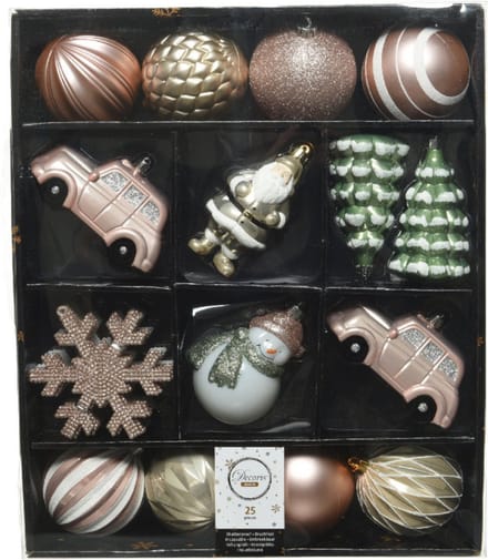Decoris 25x Kersthangers kunststof 8 cm - salie groen - lichtroze - parel wit onbreekbaar