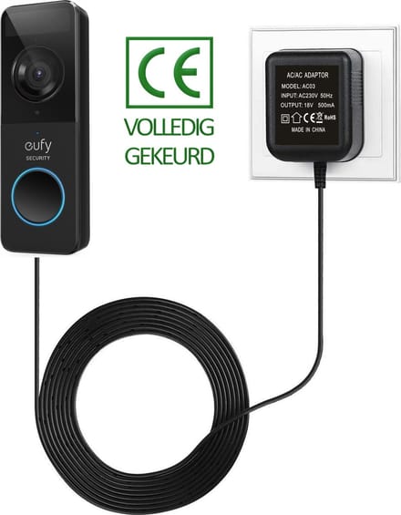 JC's - Transformator geschikt voor Eufy video deurbel - Adapter geschikt voor Eufy video deurbel - 18 volt - 5 meter kabel