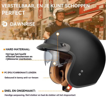 DAWNRISE Jethelm ECE 22.06 - Retro scooterhelm - Mat zwart - Maat S