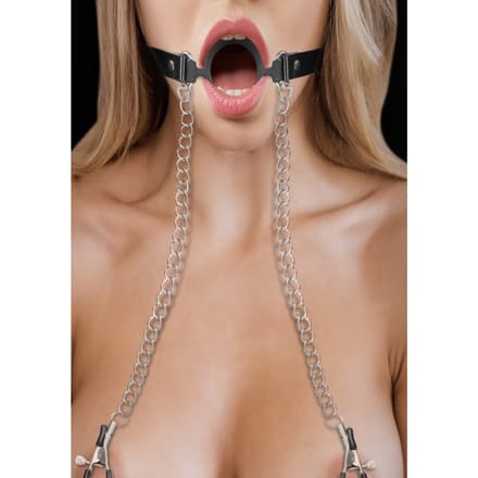 Shots Ouch! - O-Ring Gag met Tepelklemmen - Zwart