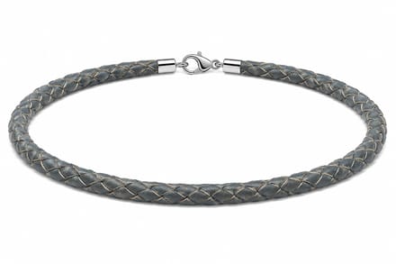 AuBor ®. Gevlochten leren ketting met zilveren sluiting. Grijs. 4mm × 65cm