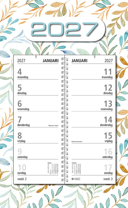 MGPcards - Omlegweekkalender 2027 - Week begint op maandag - 21 x 34 cm - Wit - Bladeren