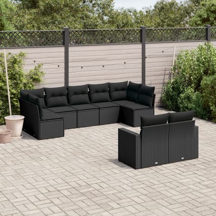 vidaXL - 9-delige - Loungeset - met - kussens - poly - rattan - zwart