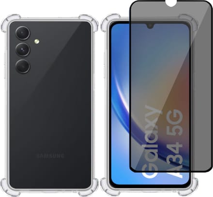 Hoesje geschikt voor Samsung A34 + Privé Screenprotector – Privacy Tempered Glass - Case Transparant