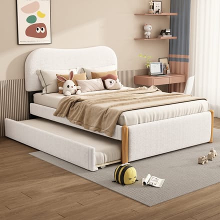 Wishdor Gestoffeerd Bed 140x200 cm - Met Uitschuifbed - Minimalistisch Design - Strak & Flexibel - Pluche & MDF - Wit