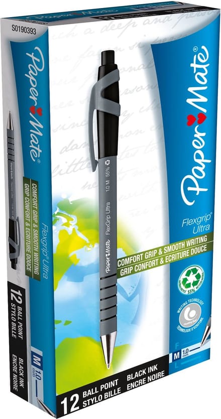 Paper Mate Flexgrip Ultra-balpen met drukknop | Medium punt (1,0 mm) | Zwarte inkt | 12 stuks