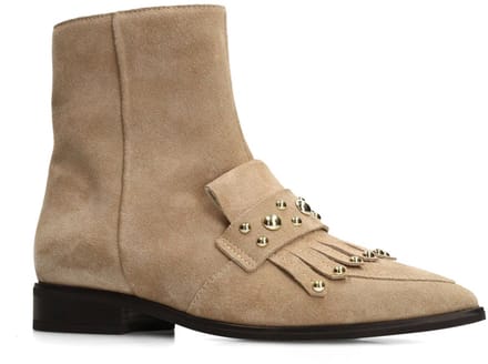 Manfield - Dames - Taupe suède enkellaarsjes met studs - Maat 41