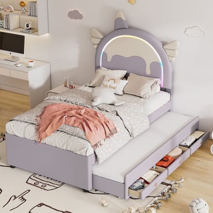 REDOM eenhoornbed 90x200 cm – Met uitschuifbed en laden – PU + MDF – Violet