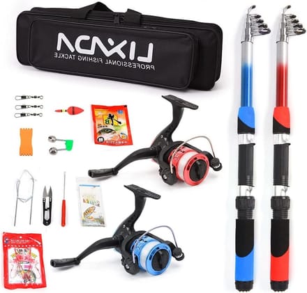 Complete Visset met 2 Telescopische Hengels van 2.1m, 2 Spinmolens, Aas, Haakaccessoires en Visbag