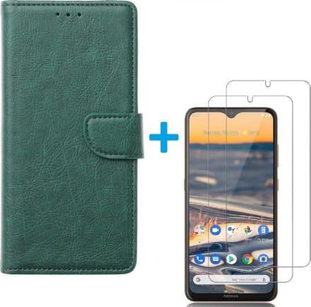 Bookcase Geschikt voor: Nokia 1.3 - Groen - portemonnee hoesje met 2 stuks Glas Screen protector