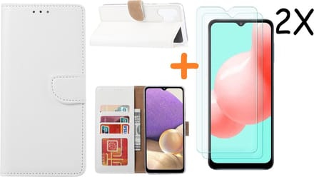 Hoesje Geschikt Voor Samsung Galaxy A32 hoesje bookcase Wit Met screenprotector / 2X tempered glass