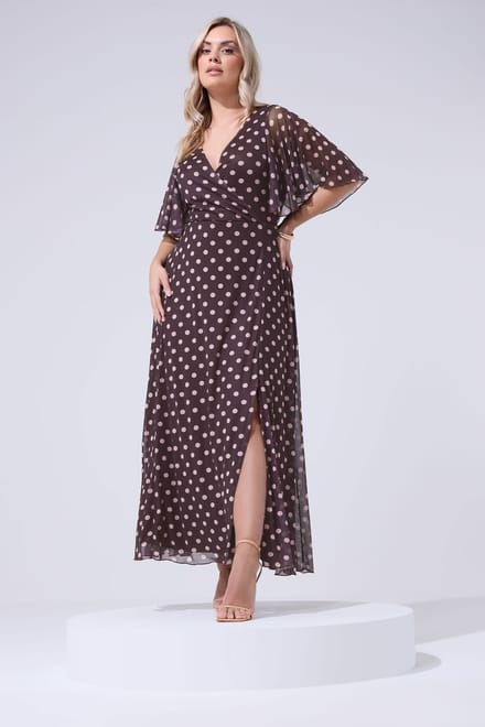Yours London Chocoladebruinroze Wikkeljurk Met Stippen Size Regular > 46