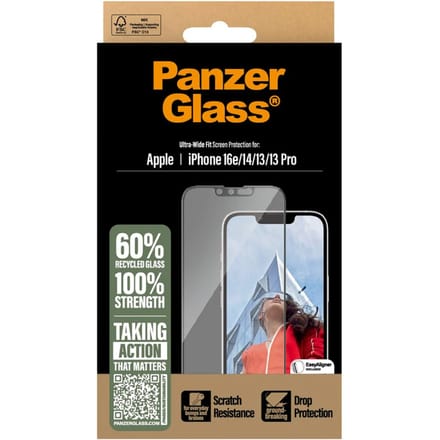 PanzerGlass Ultra-Wide Fit PGRNUWFG29845-PG Screenprotector (glas) Apple iPhone 13., iPhone 13 Pro, iPhone 14., iPhone 16e 1 stuk(s) Antibacterieel,