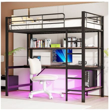 Lit enfant - MUVOE - Hochbett 90x200 cm - Métal et MDF - Éclairage LED - Prises USB intégrées noir