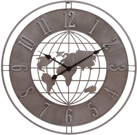 Grote Wandklok Metaal Wereldkaart Grijs - Diameter 68 cm
