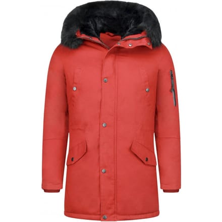 Enos Lange Heren Winterjas – Met Faux Bontkraag– Rood Heren Winterjas Heren Jas Maat S