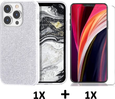 HB Hoesje Geschikt voor Apple iPhone 13 Pro Max - Zilver / Glazen Screenprotector - Glitter Back Cover