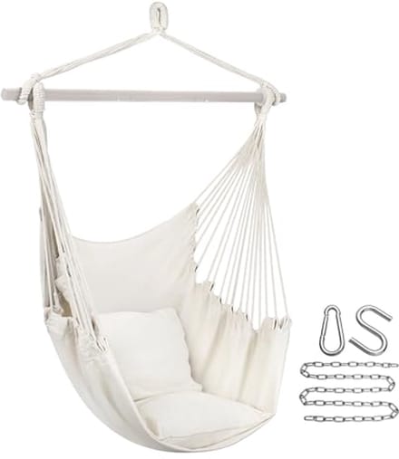 Hanging rocking chair - Comfortable cotton fabric - Portable indoor and outdoor use - Includes cushions