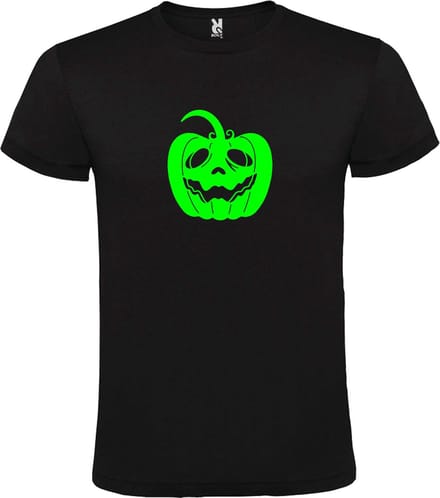 Zwart T-Shirt met “ Halloween Pompoen “ afbeelding Neon Groen Size M