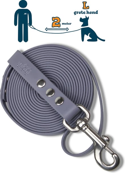 Miqdi hondenriem – BioThane® - grijs – 2meter lang – 19mm breed – L/XL - grote hond